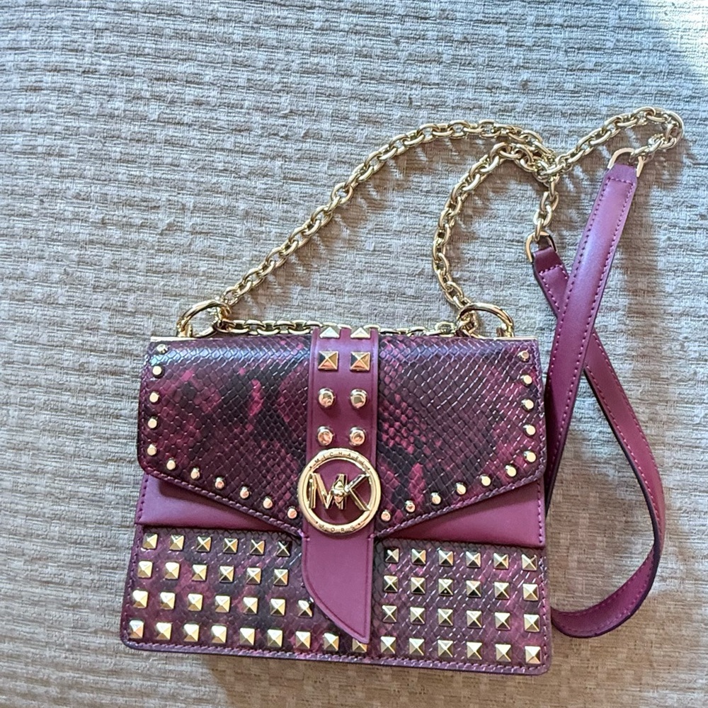Michael Kors Burgundy and Gold Studded Crossbody Bag - Picture 3 of 9